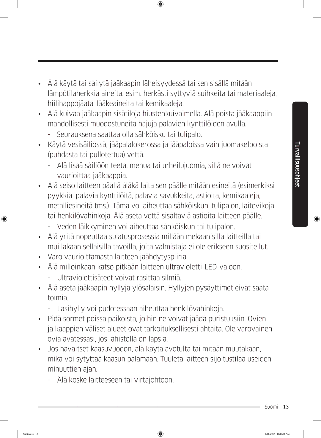 Samsung RS58K6697SL/EE, RS62K6197SL/EE manual Suomi 13  